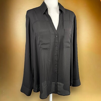 #ad Express Portofino Shirt XL Solid Black Button Up Long Roll Tab Sleeves Very Good $19.99