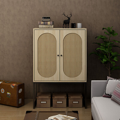 #ad Rattan 2Door High Cabinet w Adjustable Shelf Free Standing Cupboard Living Room $139.99