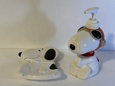 #ad Vintage B amp; M Peanuts Snoopy Spoon Rest and UFS Flying Ace Soap Dispenser CUTE $39.99