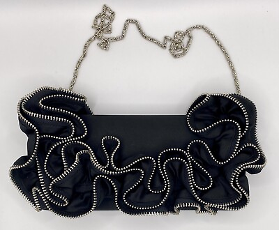 #ad Small Black Clutch Handbag decorated w Silver Zippers amp; Shoulder Strap Vegan $15.00