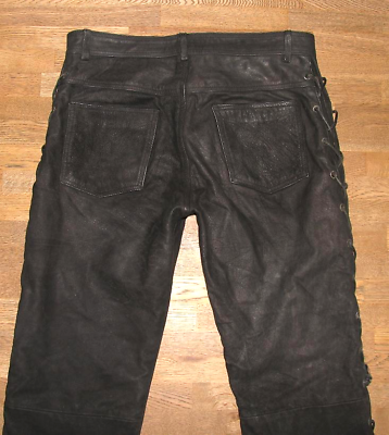 #ad quot; HUNDERTMARK quot; Men#x27;s Leather Jeans Nubuk Lace Up Trousers IN Black W31 quot; L32 $48.92