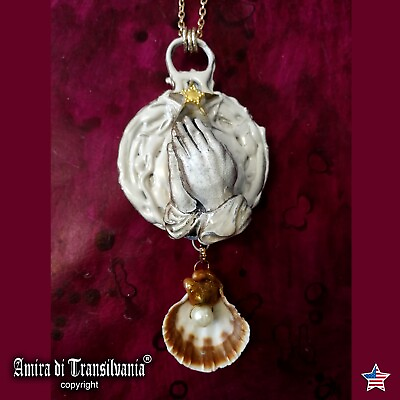 #ad talisman amulet pendant necklace jewelry locket moon sun hand prayer shell pearl $135.00