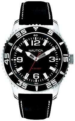 #ad Nautica Black Dial N09611G Men#x27;s Black Leather Strap Mineral Crystal Watch $69.53