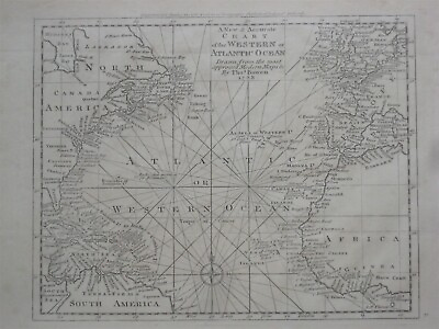 #ad Original 1788 Bowen Map ATLANTIC OCEAN Fishing Banks Florida Bermuda Azores Cuba $227.99