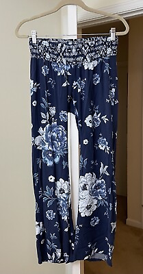 #ad Jessica Simpson Pants Artsy Voile Rayon Flowy Blue Floral Ruched Bohemian Small $9.49