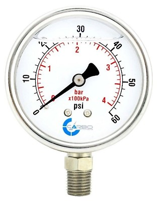 2 1 2quot; Pressure Gauge Stainless Steel Case Liquid Filled Lower Mnt 60 PSI $11.95