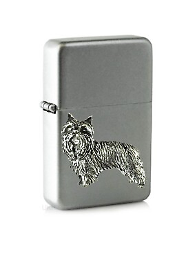 #ad D6 Yorkshire Terrier emblem on a flip top petrol lighter windproof silver GBP 14.95