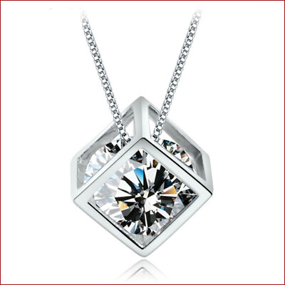 #ad 925 Sterling Silver Crystal Cube Pendant Necklace Womens Simple Jewelry Gift A86 $5.98