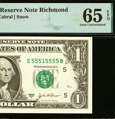 #ad 2003A $1 Federal Reserve Note PMG 65EPQ gem near solid serial number 55515555 $185.00
