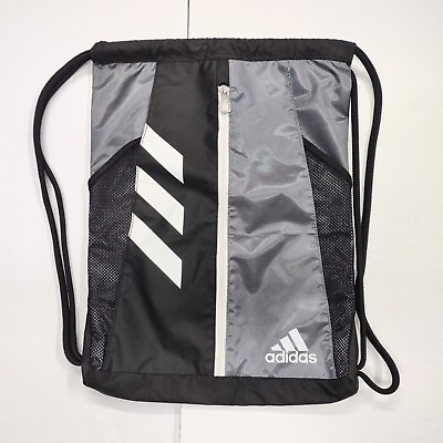 #ad Adidas Shoe Bag Backpack Gym Black Silver Zip Pocket 19quot; x 14.5quot; Three Stripe $12.99