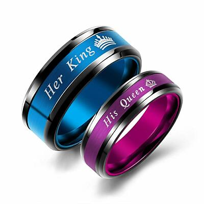 #ad Wedding 2Pcs Titanium Steel Her Queen amp; His King Couple Rings Bands Blue Purple $11.99
