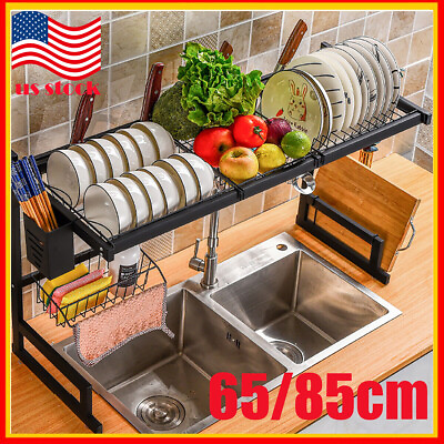 #ad 2 Tier Over The Sink Dish Drying Rack Stainless Steel Kitchen Dish Drainer Black $39.75