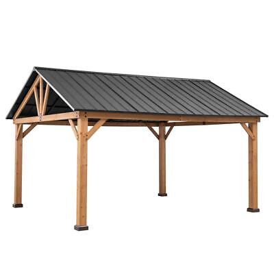 #ad Sunjoy 13 ft. x 15 ft. Cedar Framed Gazebo with Matte Black Steel Gable Roof... $2141.43