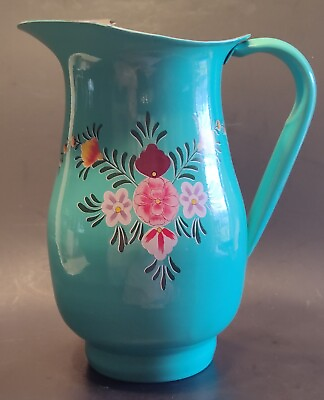 #ad Stainless Steel Enamel Teal Water Pitcher Floral Vase Handpainted India DD12 $25.00