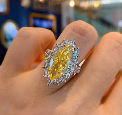 #ad Huge Bright Yellow Marquise Cut 18.65CT Citrine amp; Sparkling CZ Cluster Halo Ring $370.00