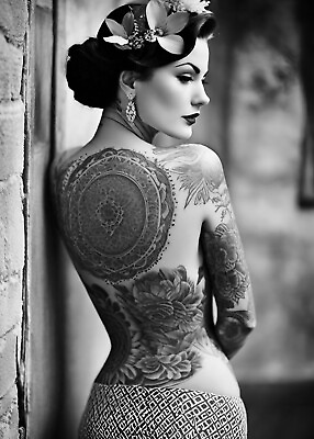 #ad Vintage Tattoo Photo Woman Black And White Picture Antique Style Wall art V1 $14.99