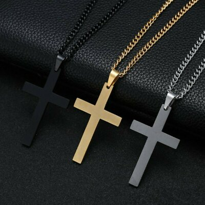 #ad Cross Pendant Necklace Stainless Steel Plated Silver Gold Men Women Cuban Chain $4.05