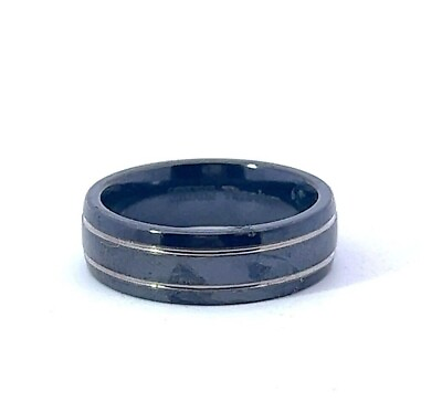 #ad Triton 7mm Black Titanium Convex Band Ring w Two Silver tone Accent Grooves $27.50