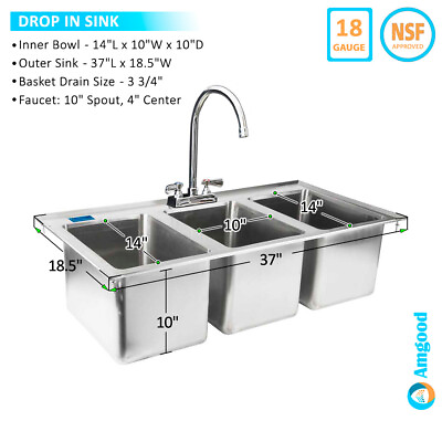 #ad #ad Stainless Steel Drop Sink 3 Compartment Drop in Sink 10quot;x14quot;x10quot; NSF $399.95