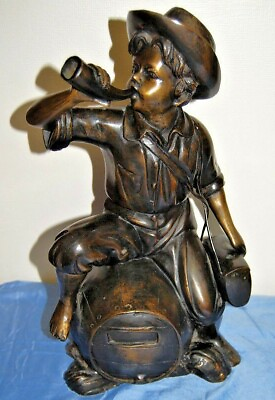 #ad Boy with Horn on Barrel Cast Bronze Sculpture 17quot; Tall M3627 $599.99