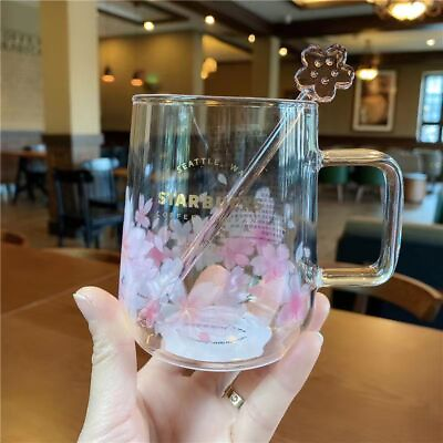 #ad New Starbucks Pink Sakura Color changing Glass Coffee Mug Cup Flower Stick $18.99