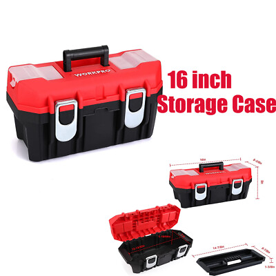 #ad WORKPRO Tool Box Portable 16quot;w Removable Tray w 2 Metal Latches w Lock Secured $30.99