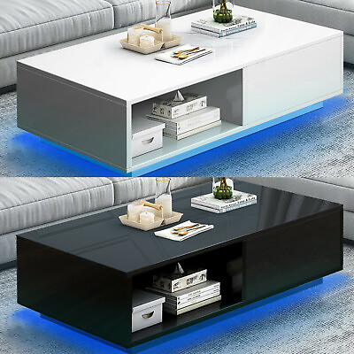 White Black High Gloss Coffee Table 16Color LED Light Living Room Storage Drawer $139.99