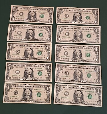 #ad 10x 2013 B Duplicate Serial Number Error Star Note $1 Dollar Bills Lot Doubles $399.99