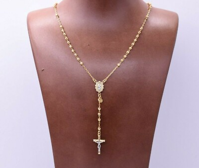 #ad 3mm Diamond Cut Cross Rosary Crucifix Chain Necklace Real 10K Yellow Gold $454.29