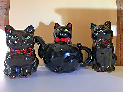 Shafford Redware Black Cat Three Piece Set Teapot Creamer Sugar Pottery ca. 1950 #ad #ad $79.00
