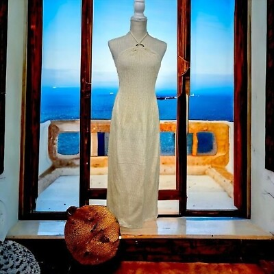 #ad Savannah Morrow Halter Dress Womens Extra Small Cream Silk Bamboo Lana O Midi* $169.88