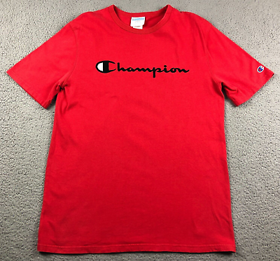 #ad VTG Champion Mens T Shirt Size L Red Logo Embroidered Heavy Weight Short Sleeve $14.99