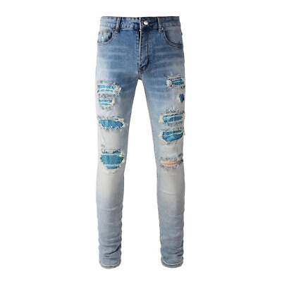 #ad New Men Luxury Blue Jeans Diamond Rhinestones Fashion Trousers High Quality $79.90