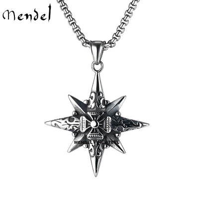 #ad MENDEL Mens Fashion Nautical North Star Compass Pendant Necklace Stainless Steel $11.99