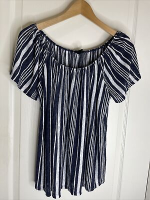 #ad W5 Woman’s Navy white Striped Knit Stretch Short Sleeve Top On off Shoulder L $14.00