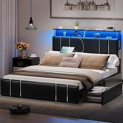 #ad Queen Bed Frame with Charging Station amp;LED Lights Modern Leather Upholstered Bed $259.97