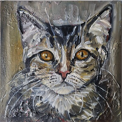 #ad Original oil painting abandoned cat kitten animal portrait 8x8quot; $35.00
