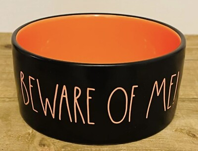 #ad Rae Dunn “BEWARE OF ME” Ceramic Dog Cat Food Water Dish Black amp; Orange 6” New $18.00