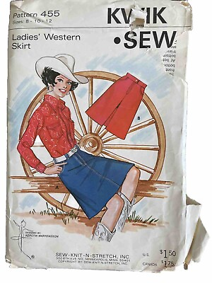 #ad 455 Size 8 10 12 KWIK SEW Misses WESTERN SKIRT Double Knit Fabric 1970s $10.79