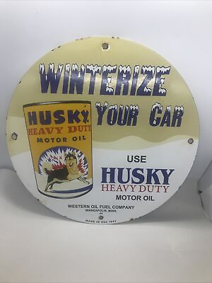 #ad Vintage Western Oil Fuel Co. 1947 Husky Motor Oil Point Of Sale Porcelain Sign $325.00