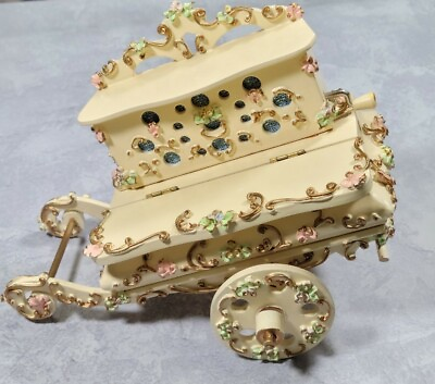 Vintage Reuge Music Box Floral Cart Small Jewelry Compartment Plays Fur Elise $100.00