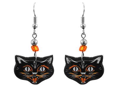 Black Cat Face Earrings Pet Head Animal Graphic Art Halloween Kitten Jewelry #ad $13.99