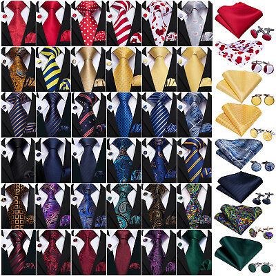 #ad USA Mens ALL Silk Tie Striped Solid Paisley Necktie Hanky Cufflink Set Wedding $21.98