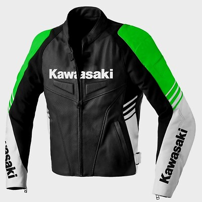 #ad Men Kawasaki Motorcycle Leather Jacket Motorbike Padded Leather Jacket Custom $195.00
