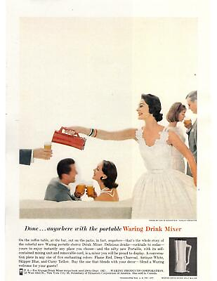 #ad 1958 Waring Products Portable Drink MIxer Flame Red White Dress Pearls Print Ad $9.95