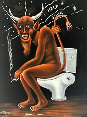 Satan Red Devil On The Toilet black velvet oil painting Signed Art #ad #ad $195.00