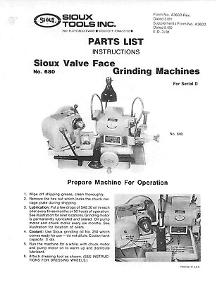 #ad #ad Instruction amp; Parts Manual Fits Sioux Model 680 Valve Grinder $19.97