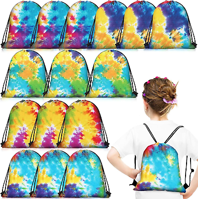 #ad 15 Pieces Tie Dye Summer Pool Drawstring Bags Birthday Party Supplies Tie... $33.70
