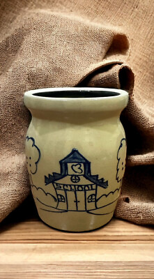 #ad VTG Beaumont Brothers Salt Glaze Pottery Schoolhouse Crock Vase Utensil Holder $19.95