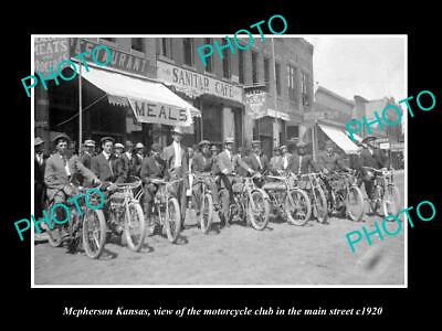 #ad OLD POSTCARD SIZE PHOTO OF McPHERSON KANSAS MOTORCYCLE CLUB IN MAIN ST c1920 AU $7.00